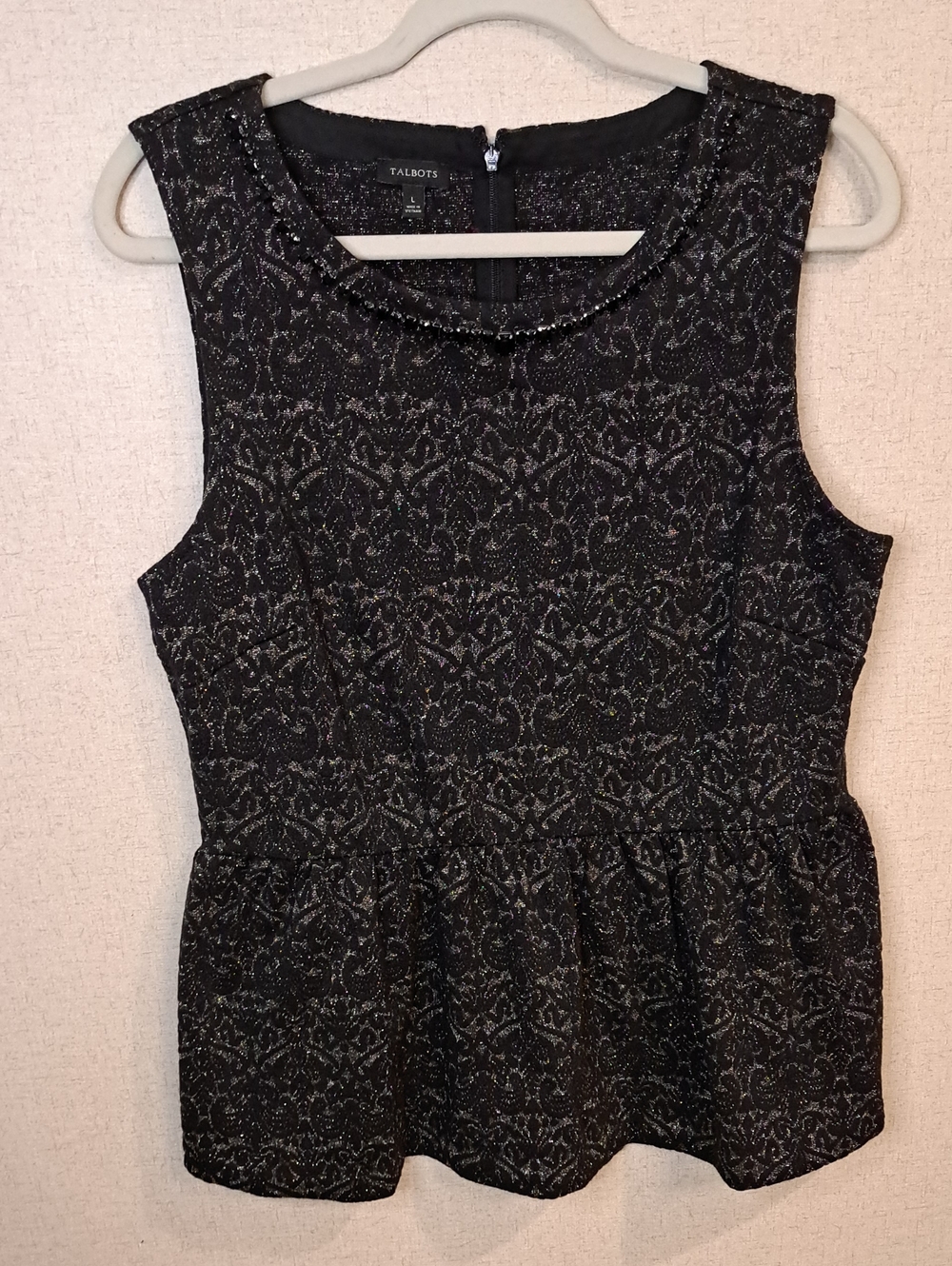 Peplum Top With Black, Silver, Gold Damask Inspired Pattern. TO37